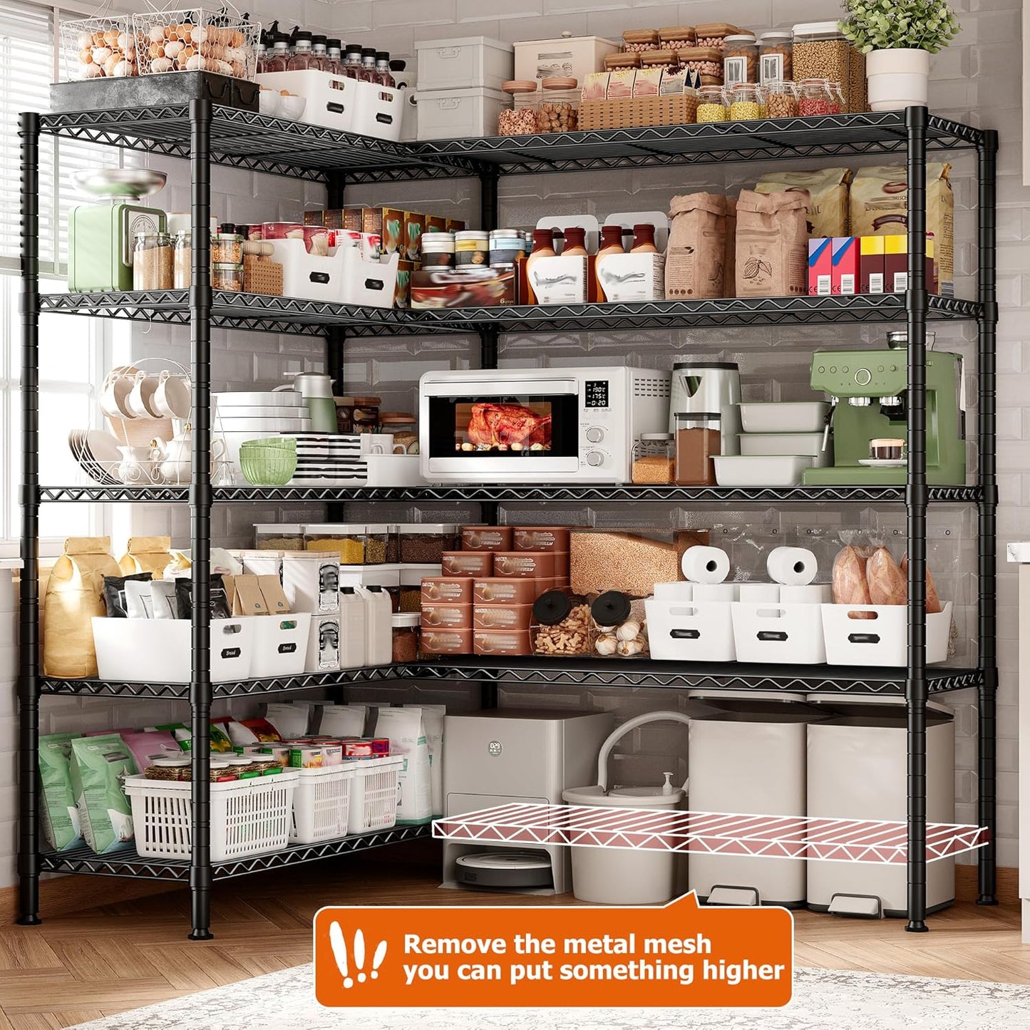 REIBII 1600LBS Storage Shelves Metal Shelving 5 Tier Wire Shelving Unit, 69.8" W Pantry Shelves Kitchen Shelves Adjustable Wire Shelf for Garage Storage Shelves, 69.8" Wx15.8 Dx72.4 H, Black - NestledHome