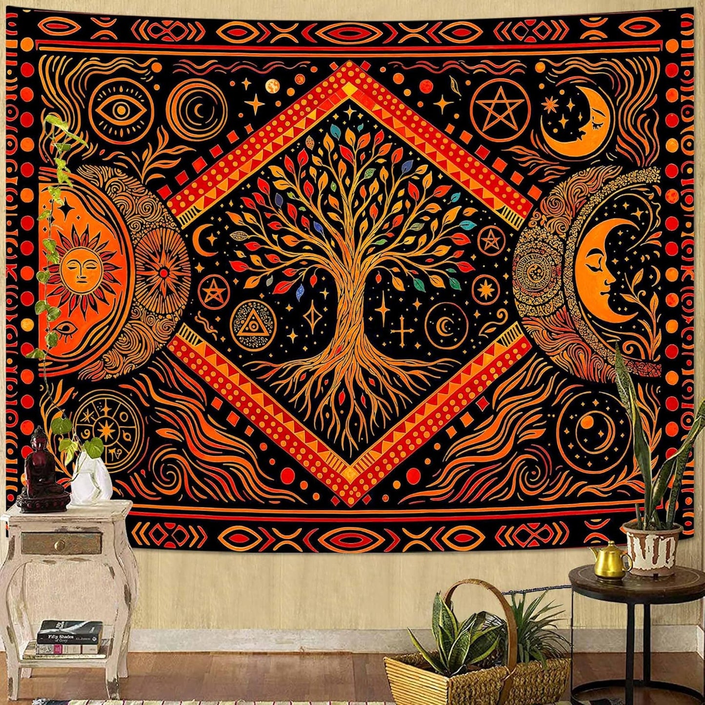 Lunerfex Tree of Life Sun Moon Stars Wall Tapestry, Cosmic Harmony Symbol Tapestries for Home Decor, Mystical Tapestry 80x60 Inch