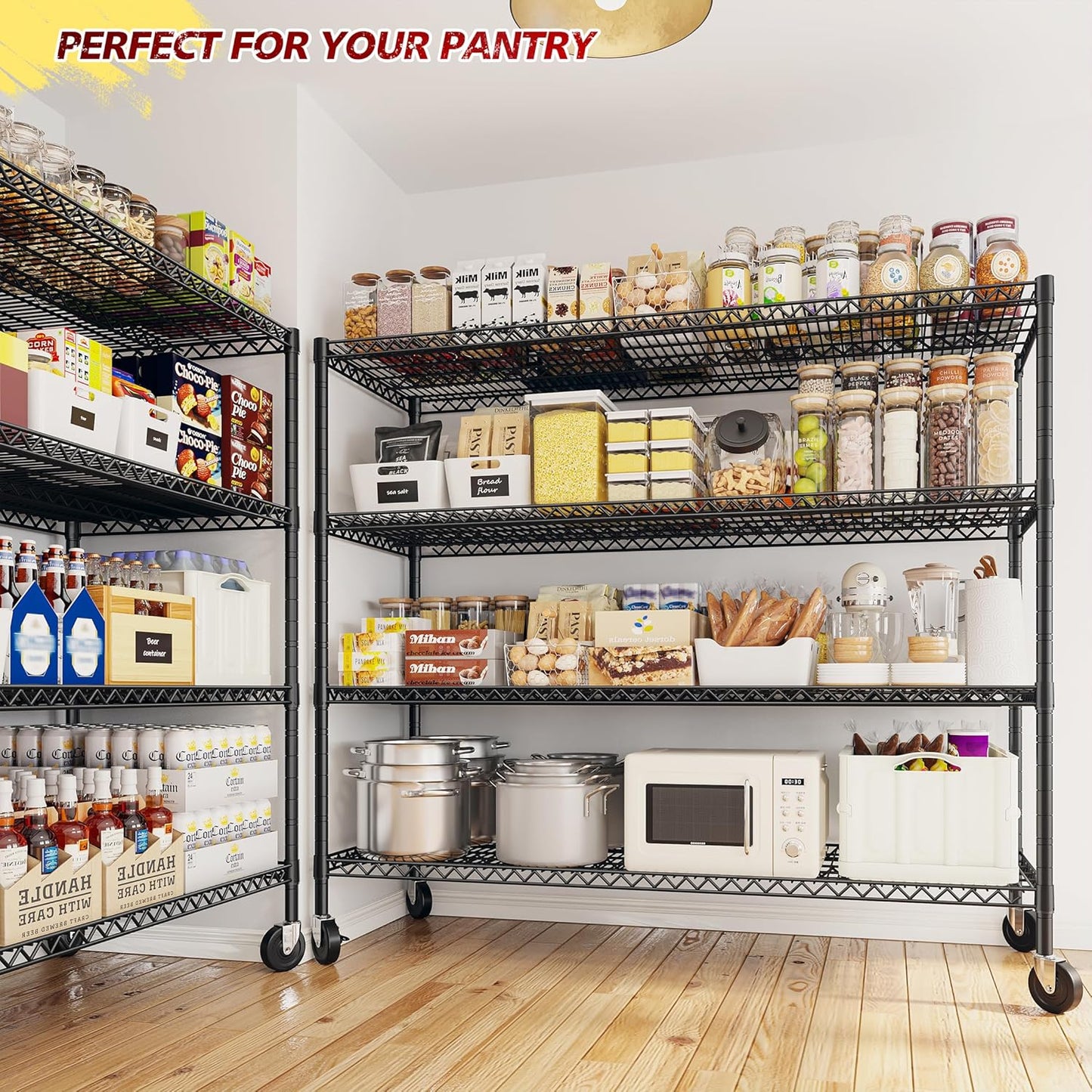 REIBII 55.5''W Storage Shelves 2500LBS Wire Shelving Rack with Wheels 75.6" H Heavy Duty Shelving Unit Adjustable Metal Shelves for Storage Rack Shelving for Kitchen Pantry 2PCS - NestledHome