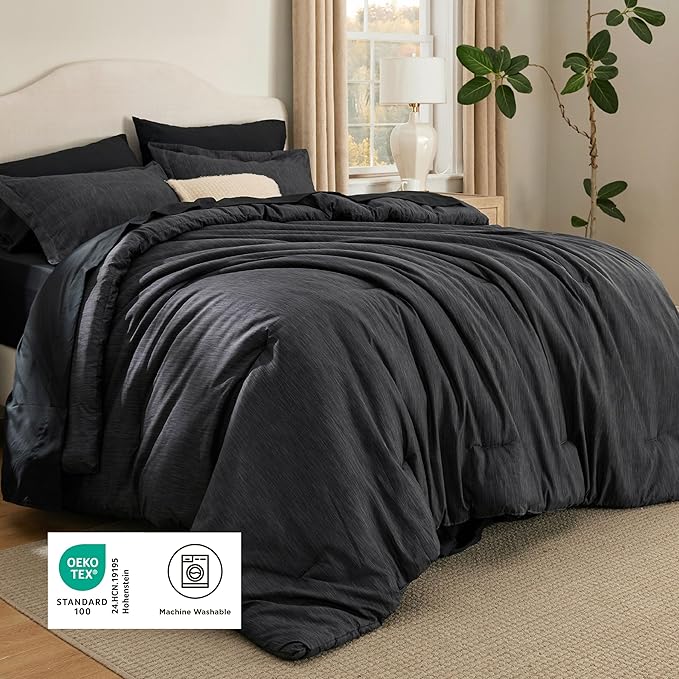 Bedsure Queen Comforter Set Black - Bed in a Bag Queen Size Bedding 7 Pieces, Cationic Dyed Bed Set Gift for Family, Black Soft Bedding for All Seasons Comforter with Sheets, Pillowcases & Shams