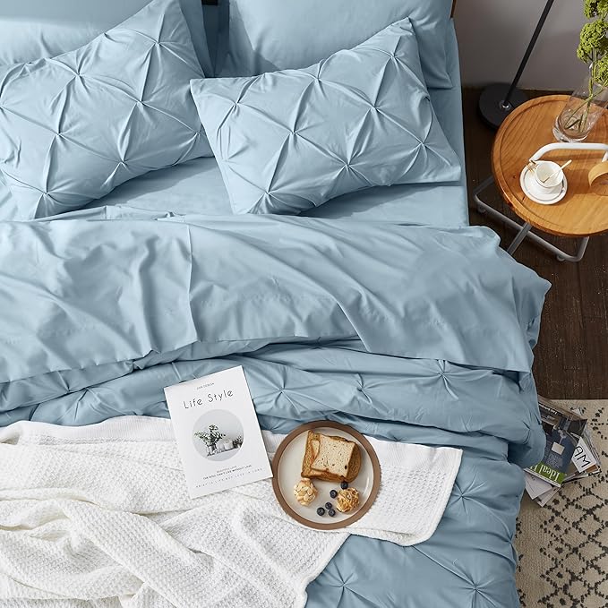 Bedsure Full Comforter Set Light Blue - Bed in a Bag Full Size Bedding Set 7 Pieces, GentleSoft™ Pintuck Bed Set Gift for Family, Pinch Pleat All Season Comforter with Sheets, Pillowcases & Shams