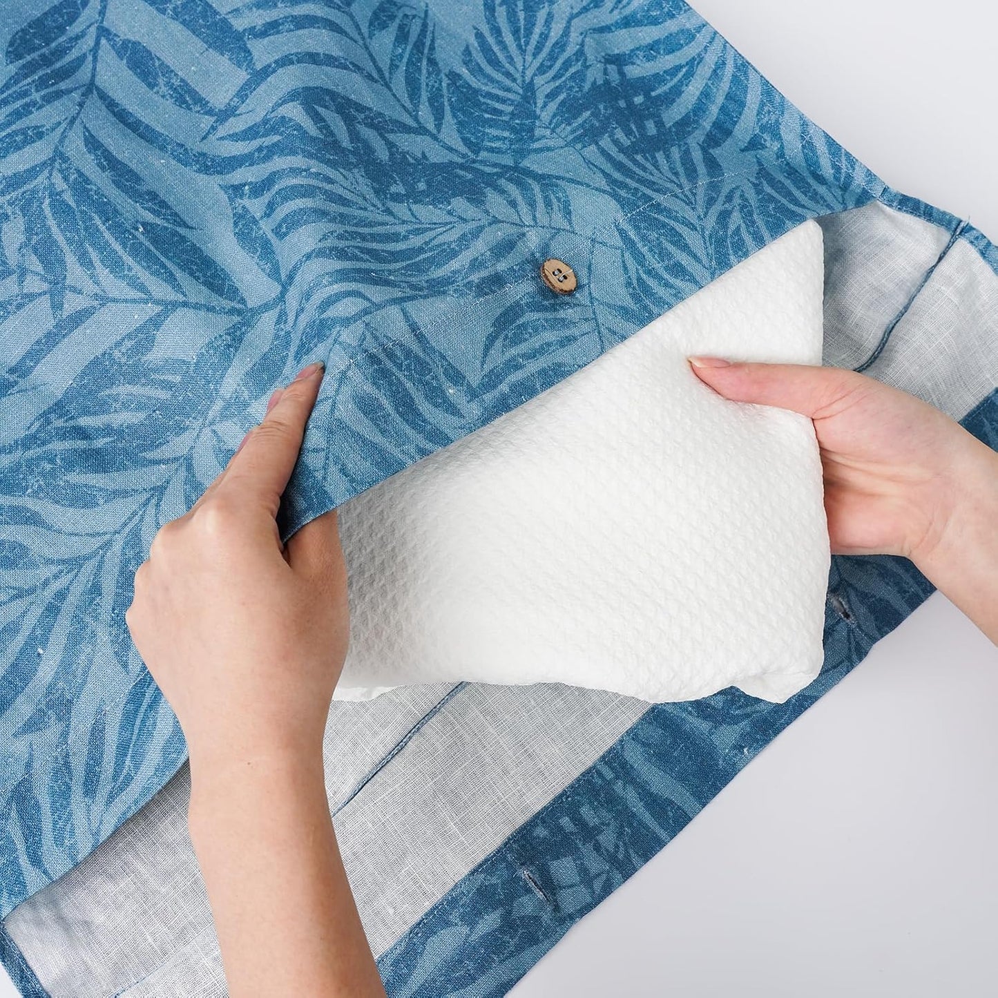 Linen Hanging Laundry Bag, 100% Linen Leaf Print Over The Door Laundry Hamper with Buttons and Zipper, Space Saving Door Hampers for Laundry Dirty Clothes Home Travel, Blue, 19.7x27.5inches - NestledHome