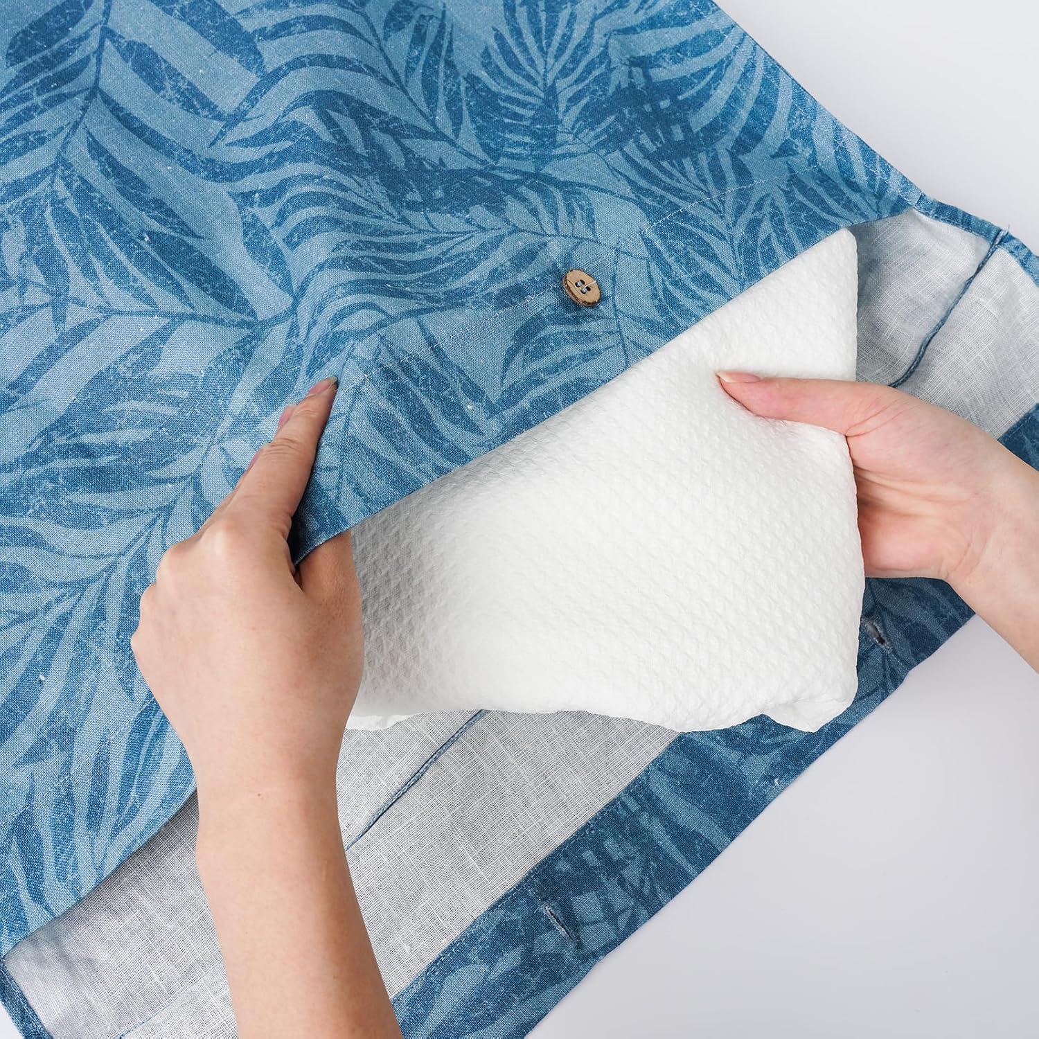 Linen Hanging Laundry Bag, 100% Linen Leaf Print Over The Door Laundry Hamper with Buttons and Zipper, Space Saving Door Hampers for Laundry Dirty Clothes Home Travel, Blue, 19.7x27.5inches - NestledHome