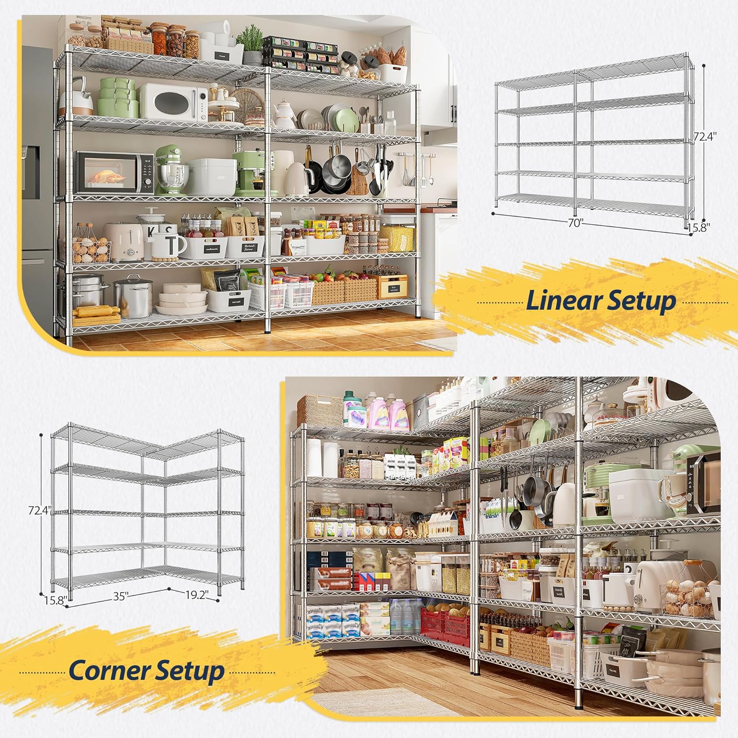 REIBII 70" W Wire Shelving Load 1500LBS, Metal Shelving 5-Tier Storage Shelves Metal Shelves for Storage Adjustable Shelving Rack for Pantry Kitchen Commercial School 70" W*15.8" D*72.4" H,Chrome - NestledHome
