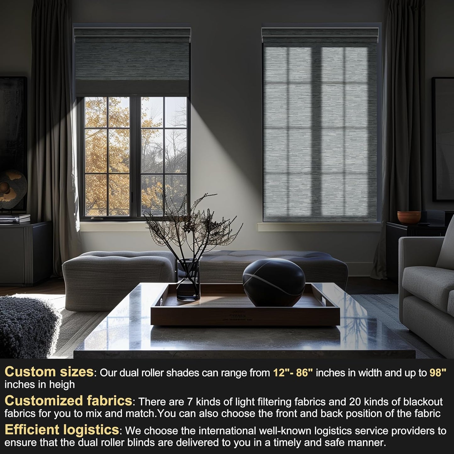 BERISSA Cordless Dual Roller Shades with Cassette Valance, Double Window Shades - Blackout and Light Filtering, Day and Night for Home Office Door. Striped Jacquard Grey. 33 W x 64" H