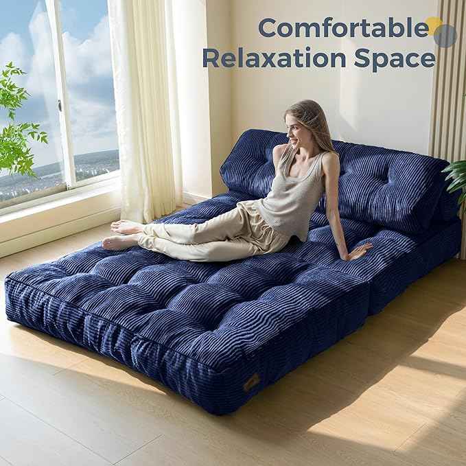 MAXYOYO Folding Sofa Bed, Convertible Sleeper Chair with Pillow Foldable Matress with Back Support, Portable Fold Out Chair Bed Comfy Floor Sofa Lounge for Living Room Bedroom, Navy Double
