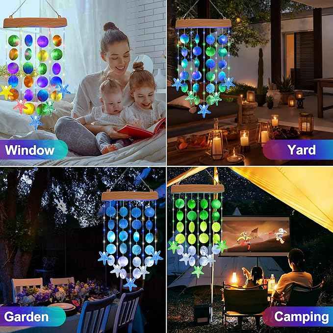 Toodour Solar Wind Chimes for Outside, Birthday Gifts for Women Mom Grandma, Waterproof 2 Modes Shells Solar Powered Outdoor Lights for Patio Holiday Garden Porch Yard Outdoor Decor - White & Green
