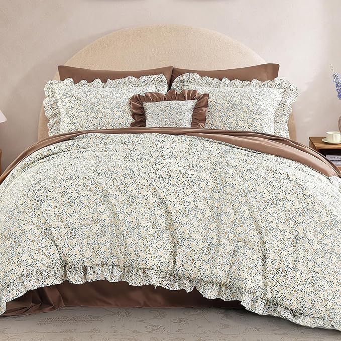 Twin XL Comforter Set - 5 Pieces Ruffle Beige Ditzy Bedding Sets, Shabby Chic Farmhouse Bed in a Bag Twin XL with Floral Comforter, Sheets, Pillowcase & Sham