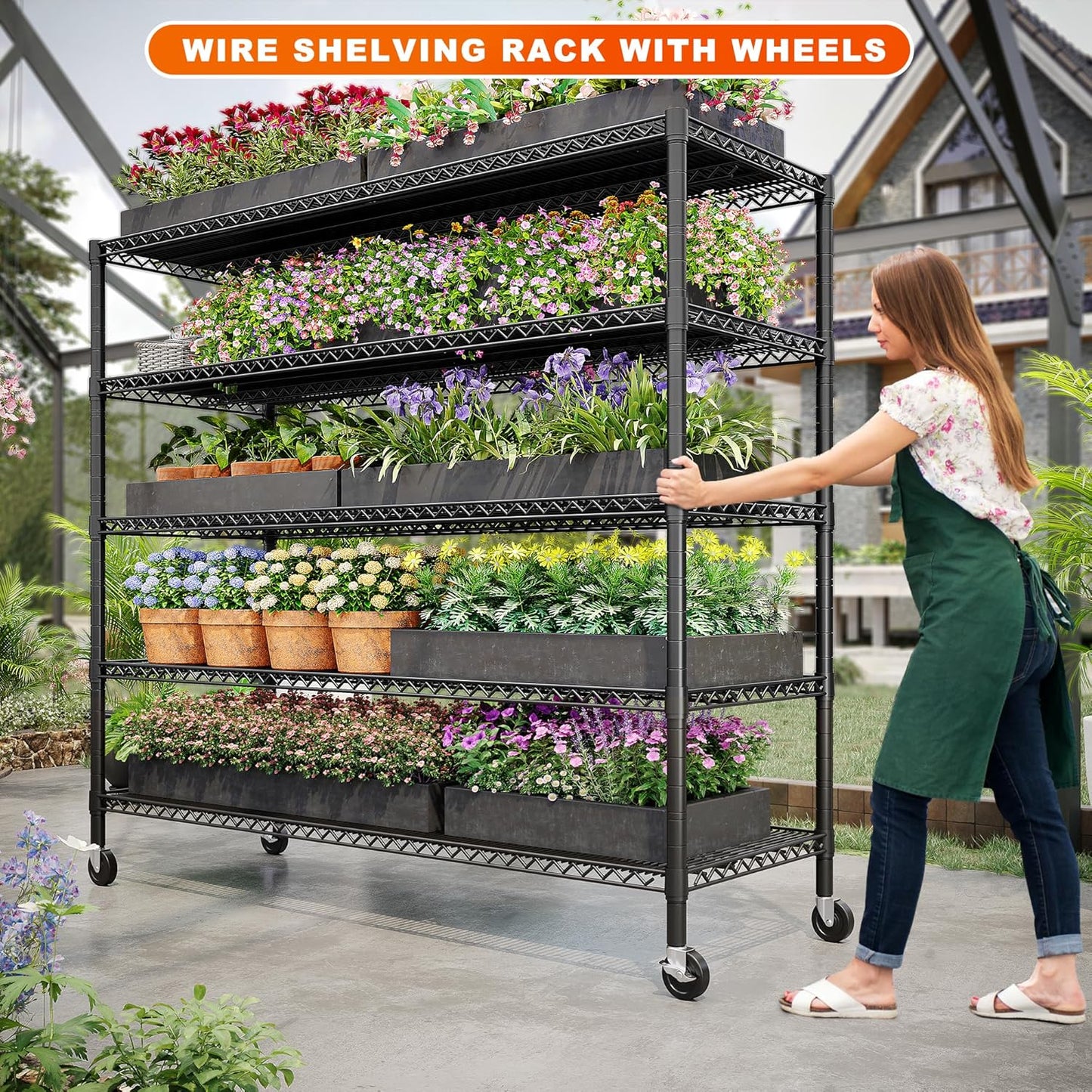 REIBII 85.7" H Storage Shelves 2998LBS Metal Shelving Unit with Wheels & Feet, 5 Tier Garage Shelving Heavy Duty Adjustable Wire Shelf for Pantry Kitchen Garage, 85.7" H X 55.5" W X 24.2" D, 2PCS - NestledHome