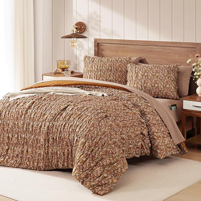 King Comforter Set-7 Pieces Brown Classic Puff Floral Bedding Sets for All Seasons,Shabby Chic Farmhouse Bed in a Bag King with Wildflowers Fluffy Comforter,Sheets, Pillowcases & Shams