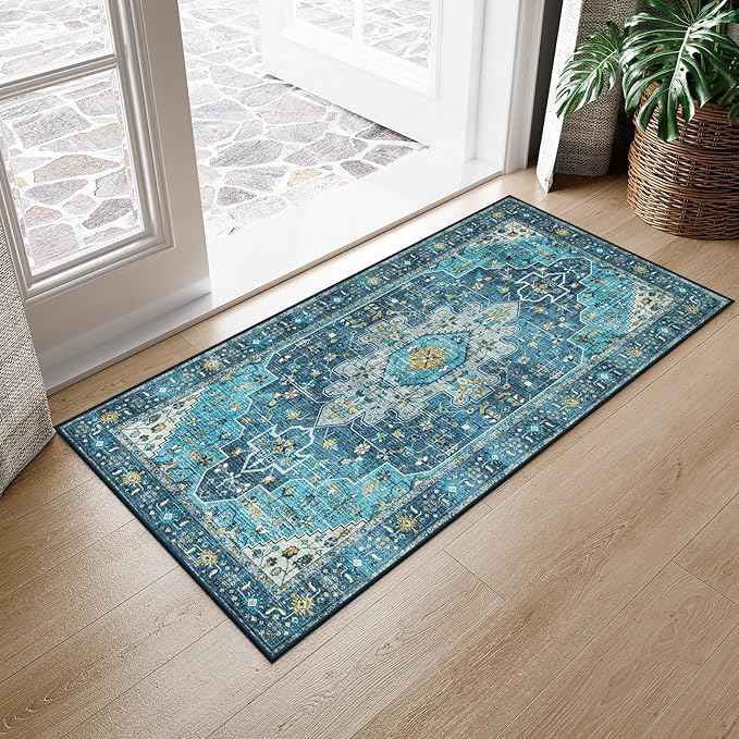 Moynesa 2x4 Teal Vintage Floral Medallion Runner Rug - Machine Washable, Non-Slip, Low Pile, Indoor Use Only