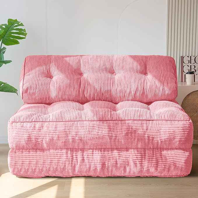 MAXYOYO Folding Sofa Bed, Convertible Sleeper Chair with Pillow Foldable Matress with Back Support, Portable Fold Out Chair Bed Comfy Floor Sofa Lounge for Living Room Bedroom, Pink Double