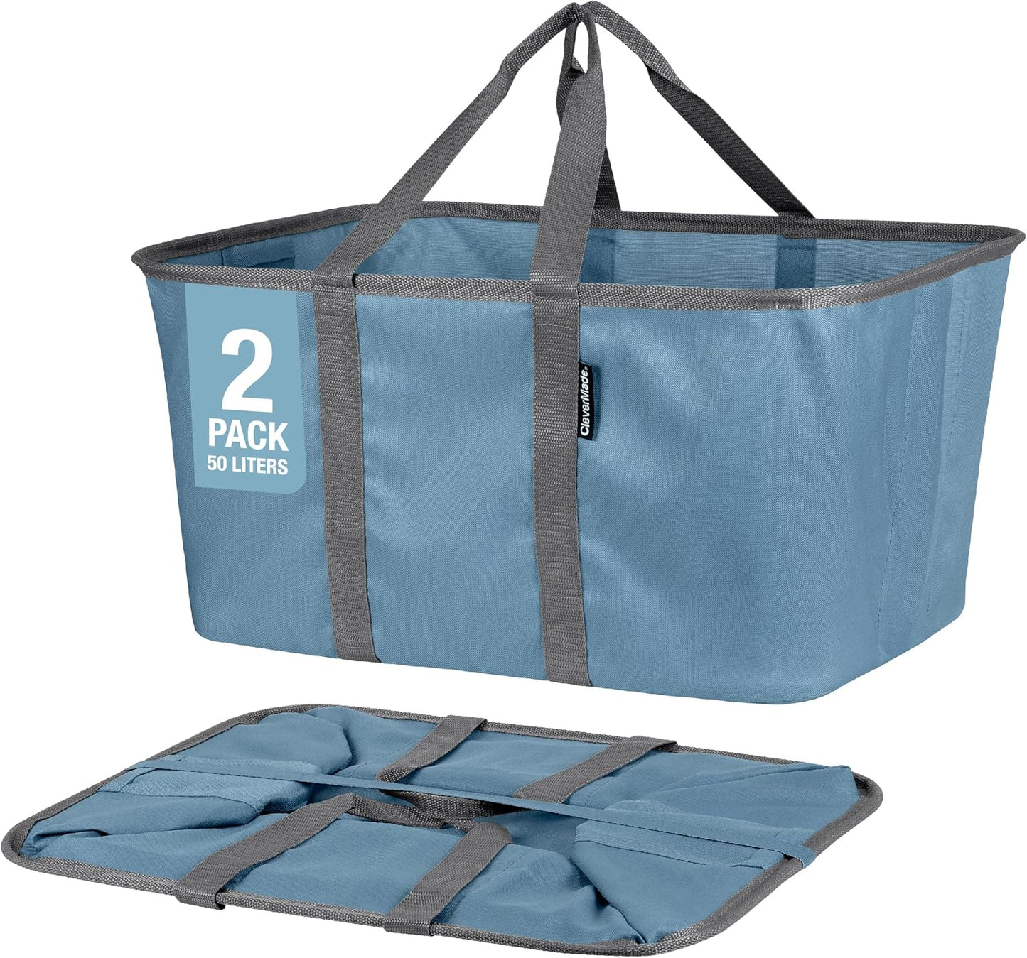 CleverMade Collapsible Laundry Tote - Denim Charcoal 2-Pack 50L - Foldable Storage Organization Container for Clothes Laundry Room Storage Solution - NestledHome