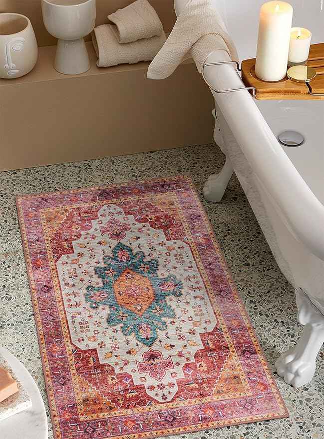 Moynesa Ultra-Thin Washable Runner Rug - Pink 2x4 Bedroom Bathroom Rug Runner Non-Slip Kitchen Rugs, Vintage Stain Resistance Low Pile Entryway Carpet Runner for Hallway Laundry Room