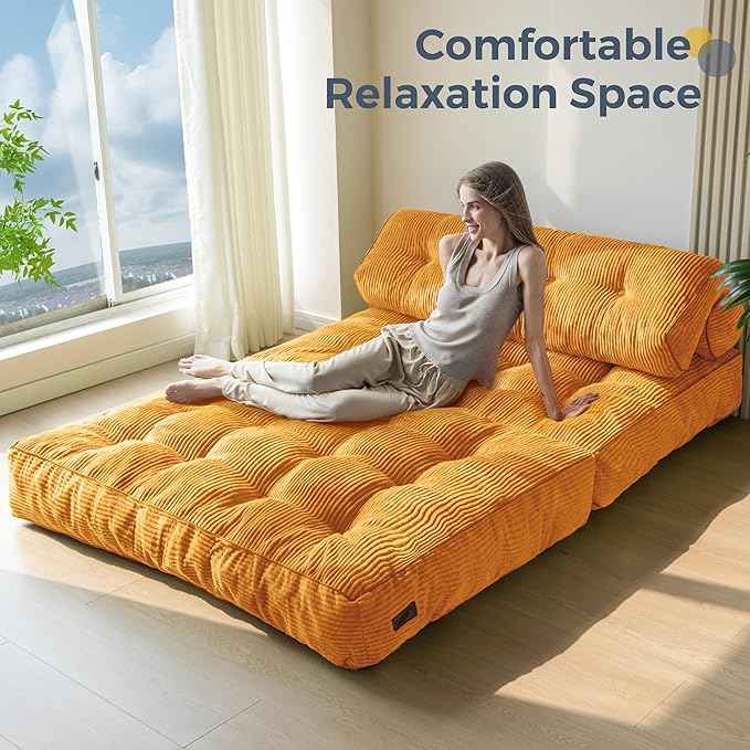 MAXYOYO Folding Sofa Bed, Convertible Sleeper Chair with Pillow Foldable Matress with Back Support, Portable Fold Out Chair Bed Comfy Floor Sofa Lounge for Living Room Bedroom, Orange Double
