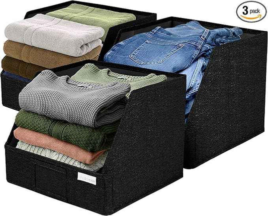 Trapezoid Closet Bins for Shelves – 12x12x10 Fabric Storage Baskets, Collapsible Organizer Boxes for Bedroom, Jeans, Sweaters– Black, 3 Pack