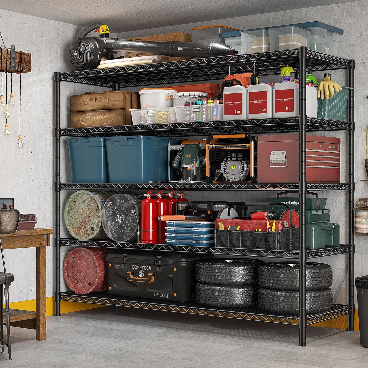 REIBII 85.7"H Storage Shelves 2998LBS Metal Shelving Units with Wheels&Feet, 5 Tier Garage Shelving Heavy Duty Adjustable Wire Shelf for Pantry Garage Commercial Industrials, 85.7"H X 55.5"W X 24.2"D - NestledHome