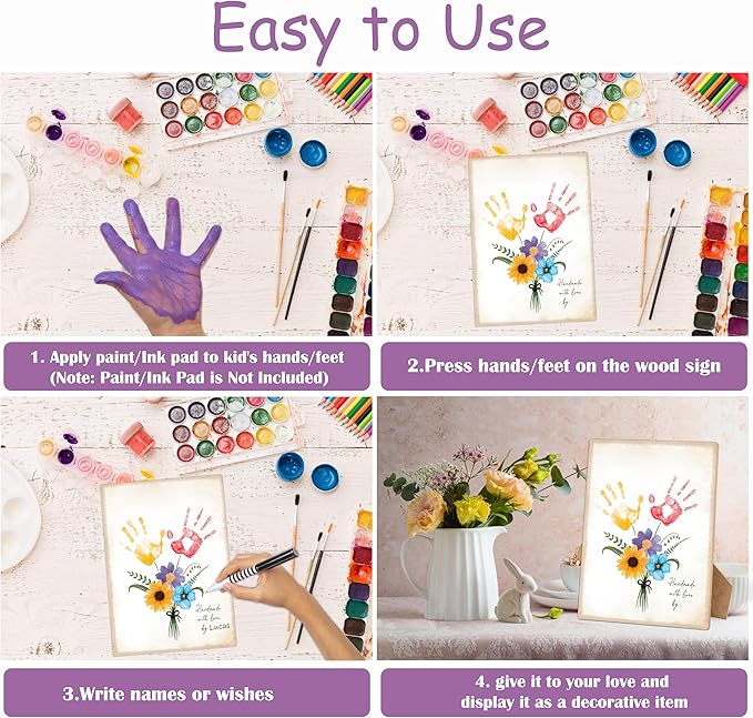 Flower Bouquet Handprint Art Keepsake Making Wooden Sign with Stand 9x12", Mothers Day Crafts for Classroom Family Activities, DIY Crafts Birthday Gifts for Mom Dad Grandma Grandpa Sister Auntie