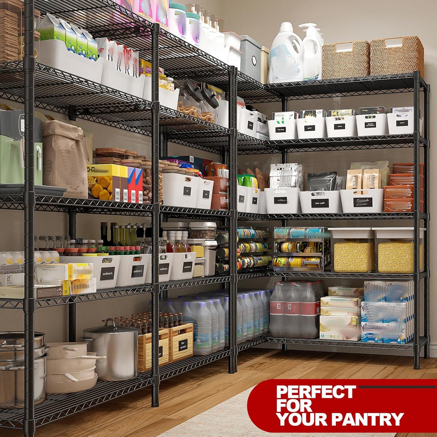 REIBII 5 Tier Wire Shelving Storage Shelves Loads 1430LBS, 58" W Metal Shelving Unit for Storage Adjustable Heavy Duty Garage Shelving Pantry Shelves Kitchen Shelving, Black, 2 Pack - NestledHome
