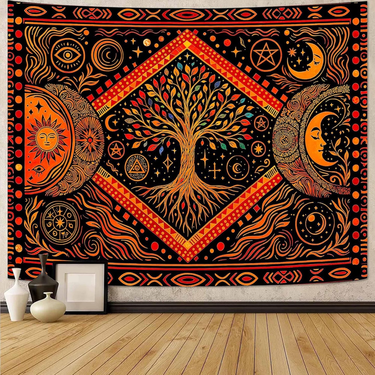 Lunerfex Tree of Life Sun Moon Stars Wall Tapestry, Cosmic Harmony Symbol Tapestries for Home Decor, Mystical Tapestry 80x60 Inch