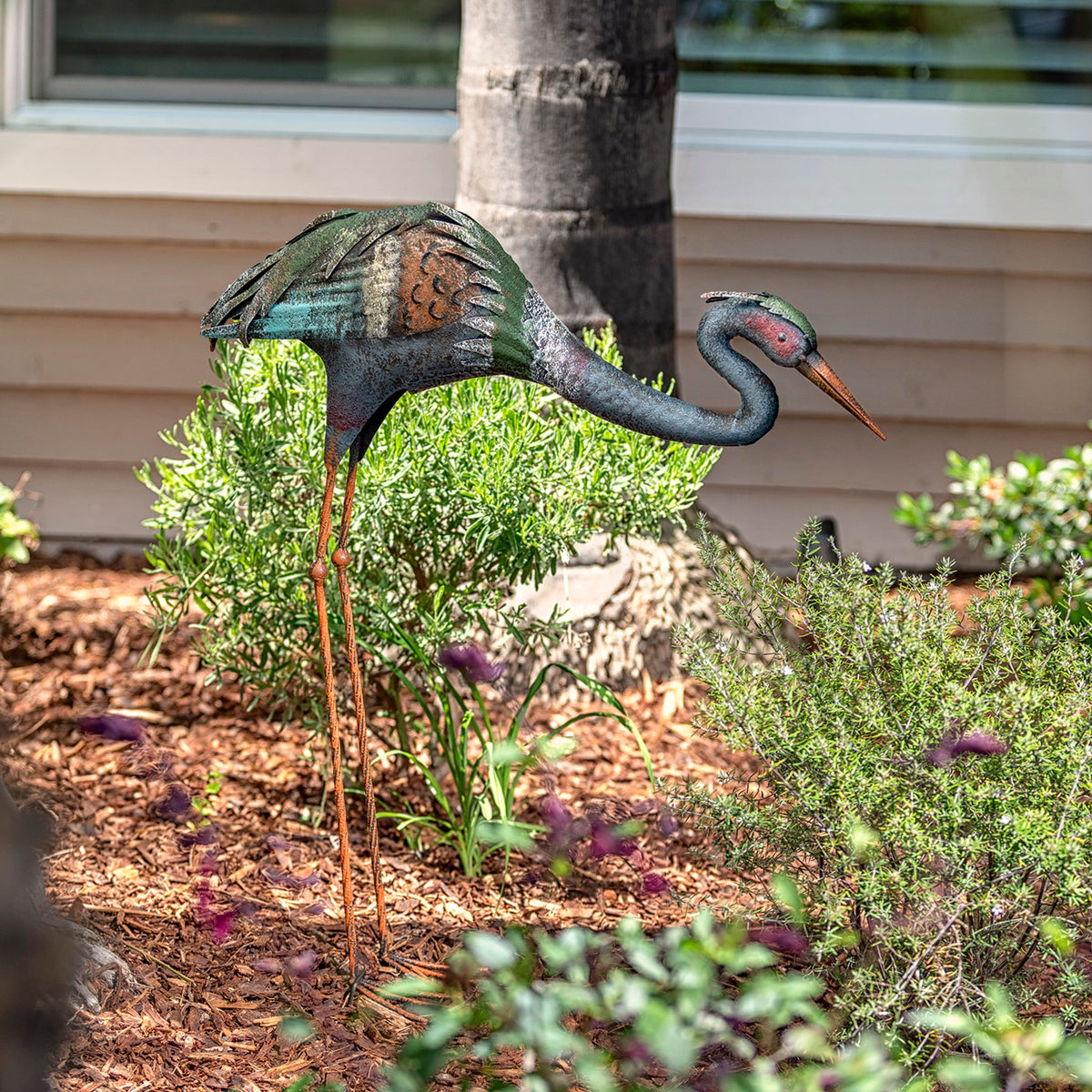 30" Tall Outdoor Rustic Metal Bowing Crane Statue Yard Art Decoration