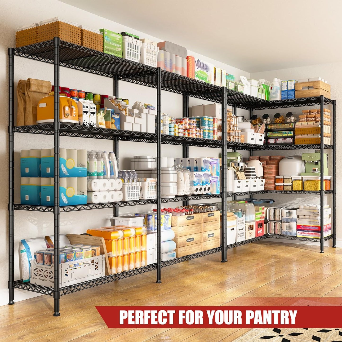 REIBII 61.7''W Storage Shelves Load 1220LBS Wire Shelving Unit 4 Tier Metal Shelving for Storage Rack Shelves Heavy Duty Garage Shelf Pantry Shelves Kitchen Shelving, 61.7" W*62.9" H*15.8" D, Black - NestledHome
