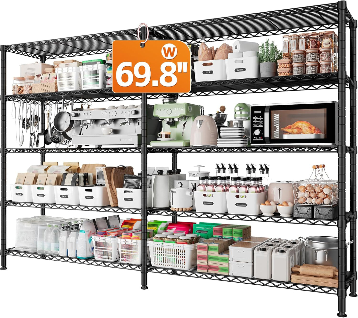 REIBII 1600LBS Storage Shelves Metal Shelving 5 Tier Wire Shelving Unit, 69.8" W Pantry Shelves Kitchen Shelves Adjustable Wire Shelf for Garage Storage Shelves, 69.8" Wx15.8 Dx72.4 H, Black - NestledHome