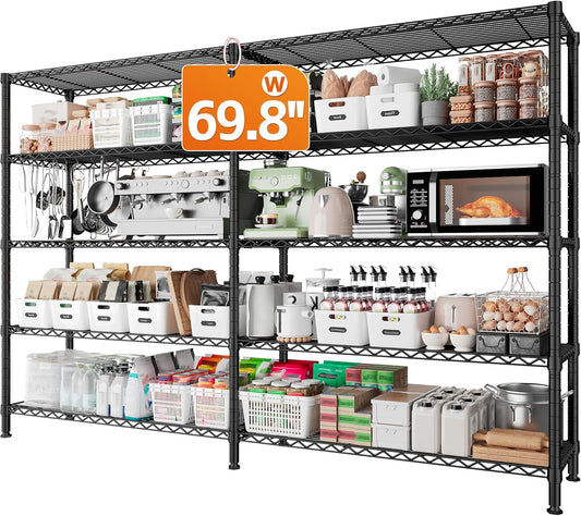 REIBII 1600LBS Storage Shelves Metal Shelving 5 Tier Wire Shelving Unit, 69.8" W Pantry Shelves Kitchen Shelves Adjustable Wire Shelf for Garage Storage Shelves, 69.8" Wx15.8 Dx72.4 H, Black - NestledHome