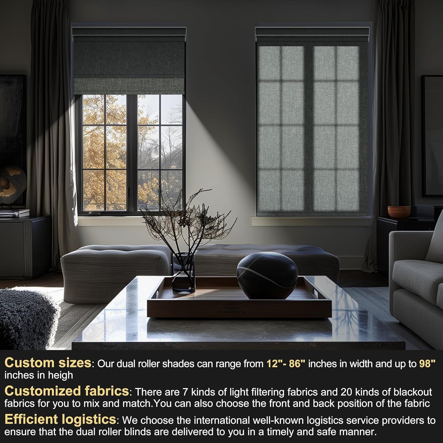BERISSA Dual Roller Shades with Cassette Valance - Double Blackout and Light Filtering Shades - Day and Night for Home Office Door - Linen Grey - 53 W x 44" H