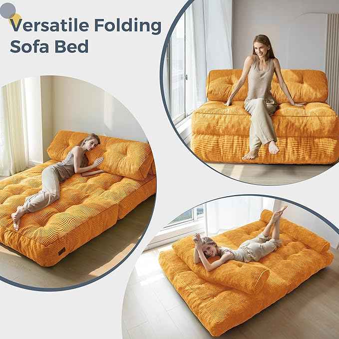 MAXYOYO Folding Sofa Bed, Convertible Sleeper Chair with Pillow Foldable Matress with Back Support, Portable Fold Out Chair Bed Comfy Floor Sofa Lounge for Living Room Bedroom, Orange Double