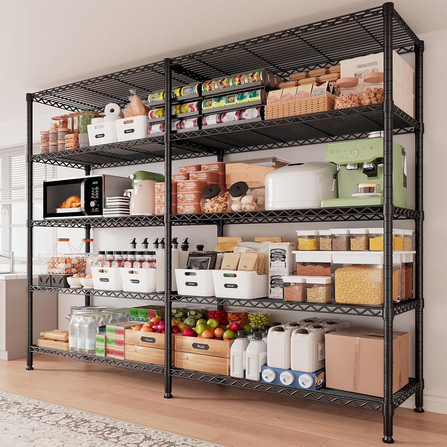 REIBII 1500LBS Storage Shelves Metal Shelving Unit 61.7''W Wire Shelving, 5 Tier Pantry Shelves Kitchen Shelves Adjustable Wire Shelf for Garage Shelving Heavy Duty, 61.7" W*72.4" H*15.8" D - NestledHome