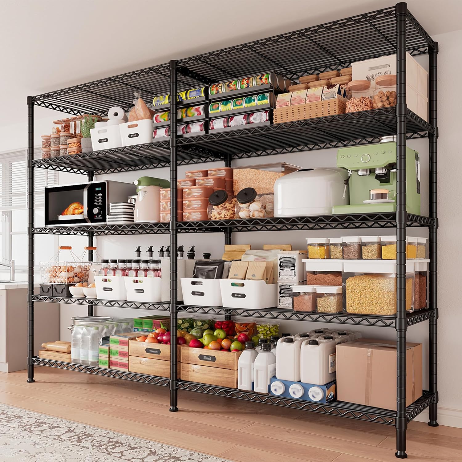 REIBII 1500LBS Storage Shelves Metal Shelving Unit 61.7''W Wire Shelving, 5 Tier Pantry Shelves Kitchen Shelves Adjustable Wire Shelf for Garage Shelving Heavy Duty, 61.7" W*72.4" H*15.8" D - NestledHome