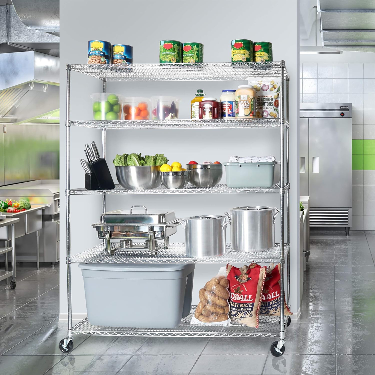 Seville Classics UltraDurable Heavy Duty NSF Solid Steel Wire Rack Storage Unit Wheels, 5-Tier Shelving, 60" W x 24" D - NestledHome