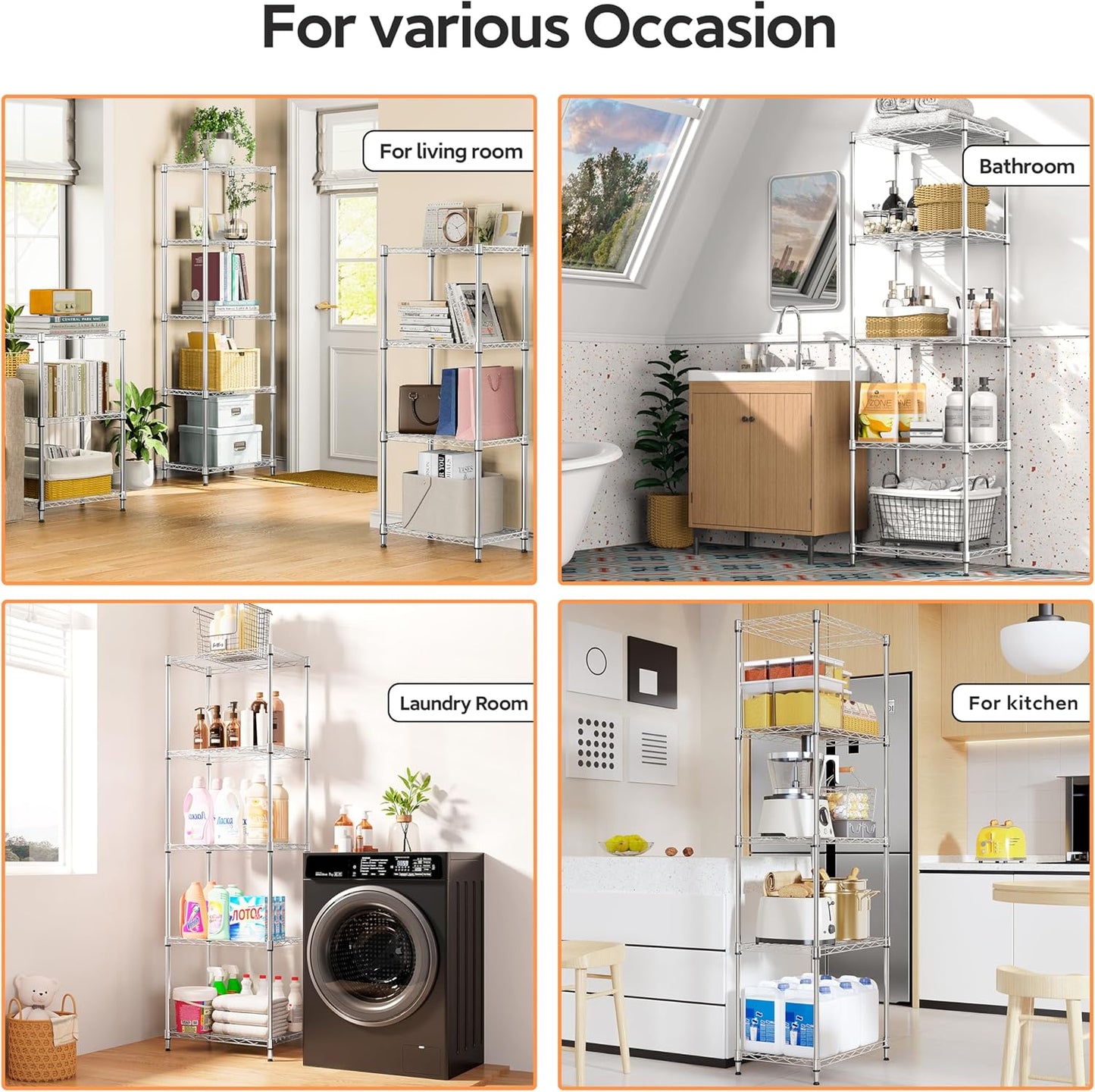 5 Tiers Shelf Metal Storage Shelves Wire Rack Closet Organizers with Wheel for Garage Kitchen Bathroom Laundry Chrome 11.8" D x 17.7" W x 55" H - NestledHome