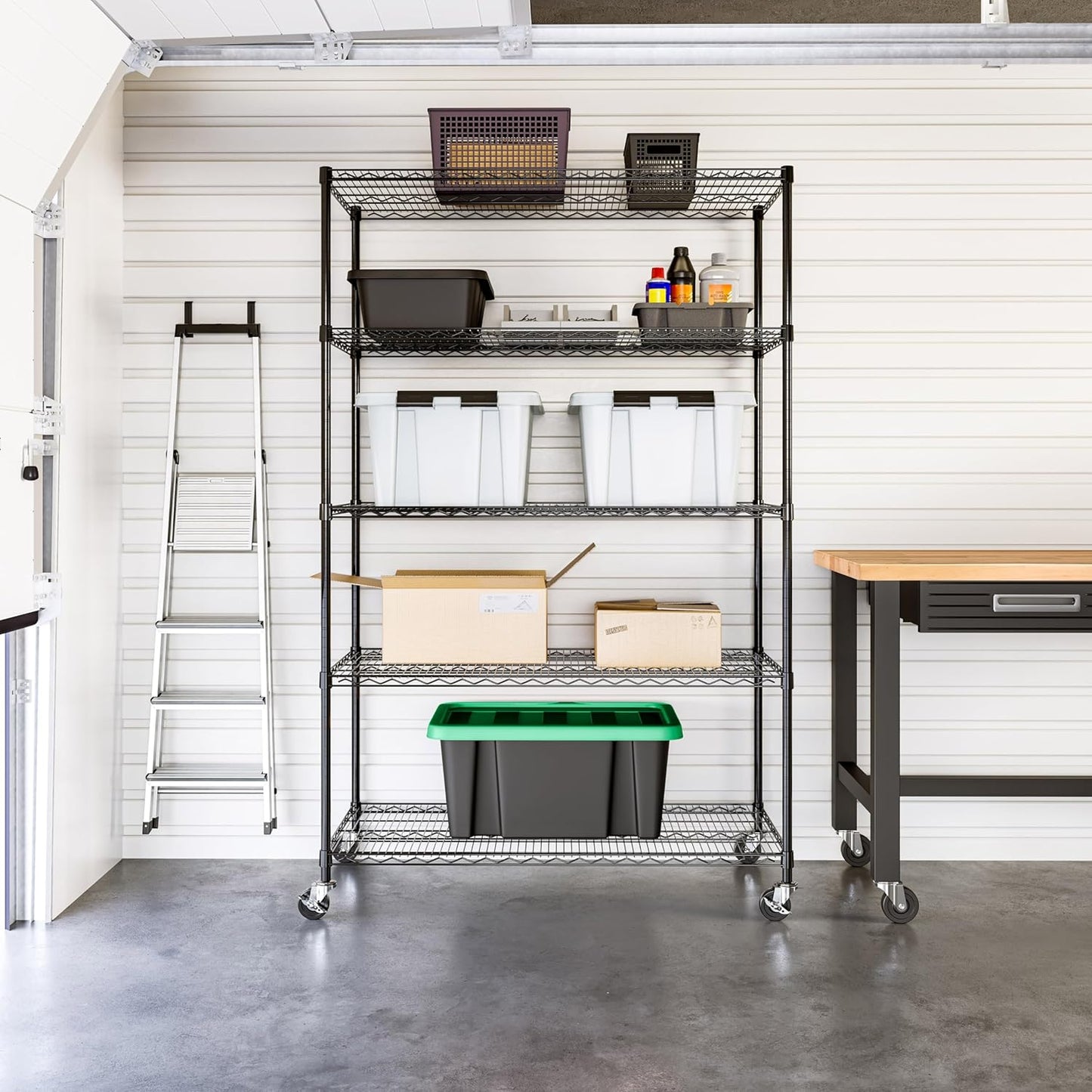 Seville Classics UltraDurable Heavy Duty NSF Solid Steel Wire Rack Storage Unit, Organizer for Garage, Warehouse, Office, Restaurant, Classroom, Kitchen, Black, 5-Tier Shelving, 48" W x 24" D - NestledHome