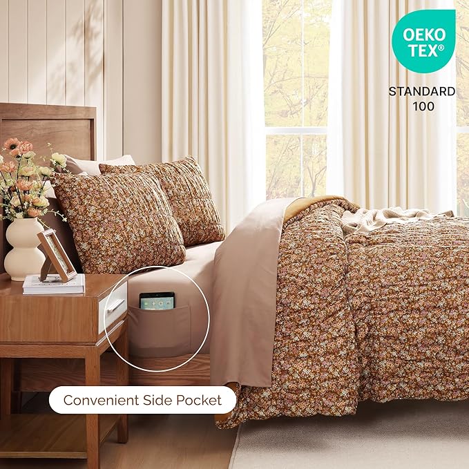 King Comforter Set-7 Pieces Brown Classic Puff Floral Bedding Sets for All Seasons,Shabby Chic Farmhouse Bed in a Bag King with Wildflowers Fluffy Comforter,Sheets, Pillowcases & Shams
