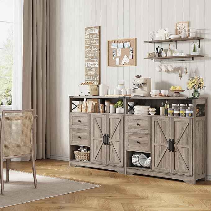 Vabches Farmhouse Buffet Sideboard Cabinet with Drawers and Open Shelf, 38.5" Storage Cabinet with Adjustable Shelves and Door, Modern Coffee Bar Hutch Pantry for Kitchen, Living Room, Entryway, Grey