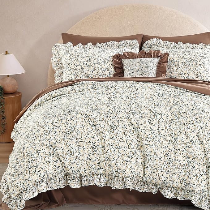 Twin XL Comforter Set - 5 Pieces Ruffle Beige Ditzy Bedding Sets, Shabby Chic Farmhouse Bed in a Bag Twin XL with Floral Comforter, Sheets, Pillowcase & Sham