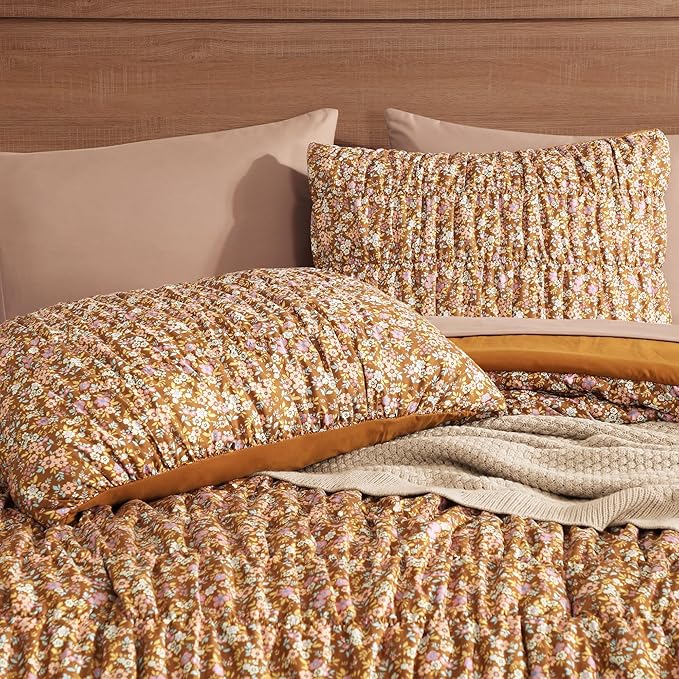 King Comforter Set-7 Pieces Brown Classic Puff Floral Bedding Sets for All Seasons,Shabby Chic Farmhouse Bed in a Bag King with Wildflowers Fluffy Comforter,Sheets, Pillowcases & Shams
