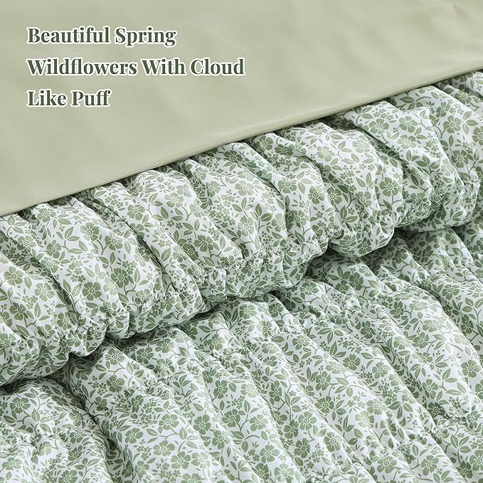 Twin XL Size Comforter Sets-5 Pieces Puff Sage Green Floral Bedding Set for All Seasons, Shabby Chic Farmhouse Bed in a Bag Twin XL with Floral Comforter, Sheets, Pillowcases & Shams