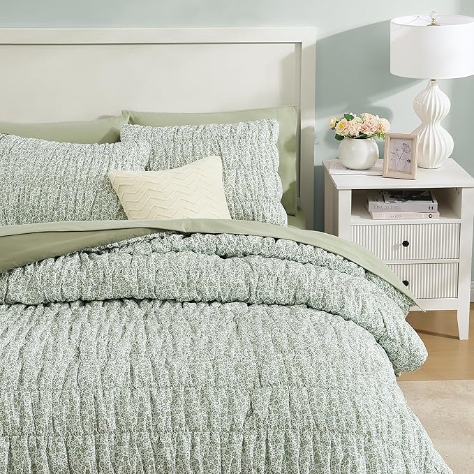 Twin XL Size Comforter Sets-5 Pieces Puff Sage Green Floral Bedding Set for All Seasons, Shabby Chic Farmhouse Bed in a Bag Twin XL with Floral Comforter, Sheets, Pillowcases & Shams