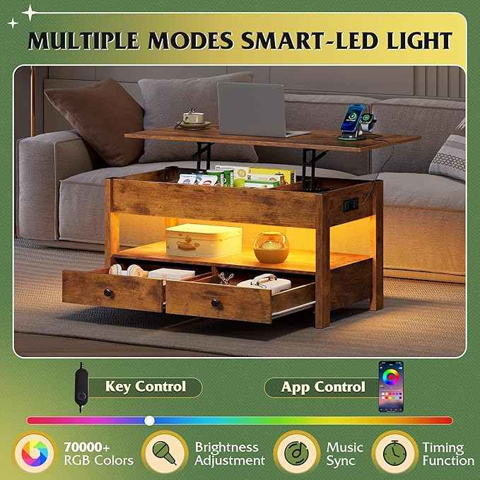 WLIVE Coffee Table, Lift Top Coffee Table with Drawers, LED Light, Large Storage and Open Shelf, Lift Tabletop for Living Room, Rustic Brown