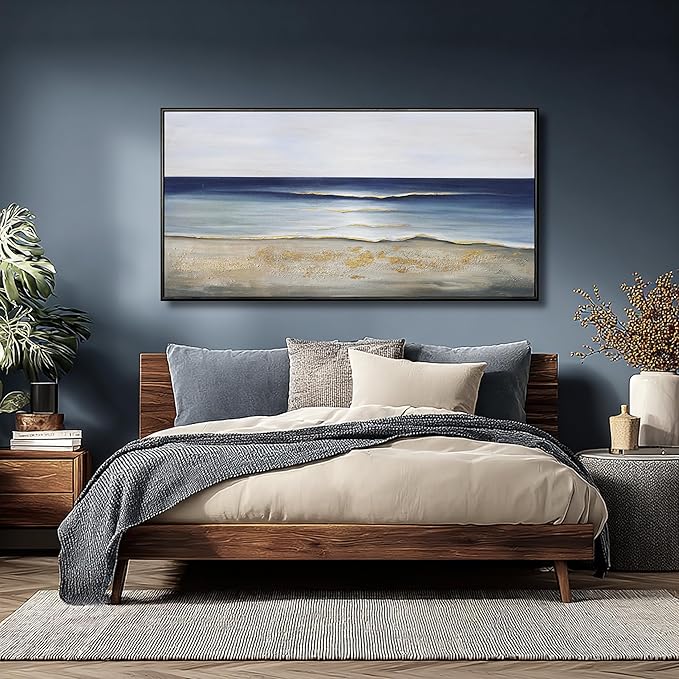 Yuaxker Ocean Wall Art Blue and White Wall Decor Framed Aesthetic Artwork Wall Hanging Canvas Painting for Living Room Bedroom Dining Room Office Home Decor 24x48 Inch