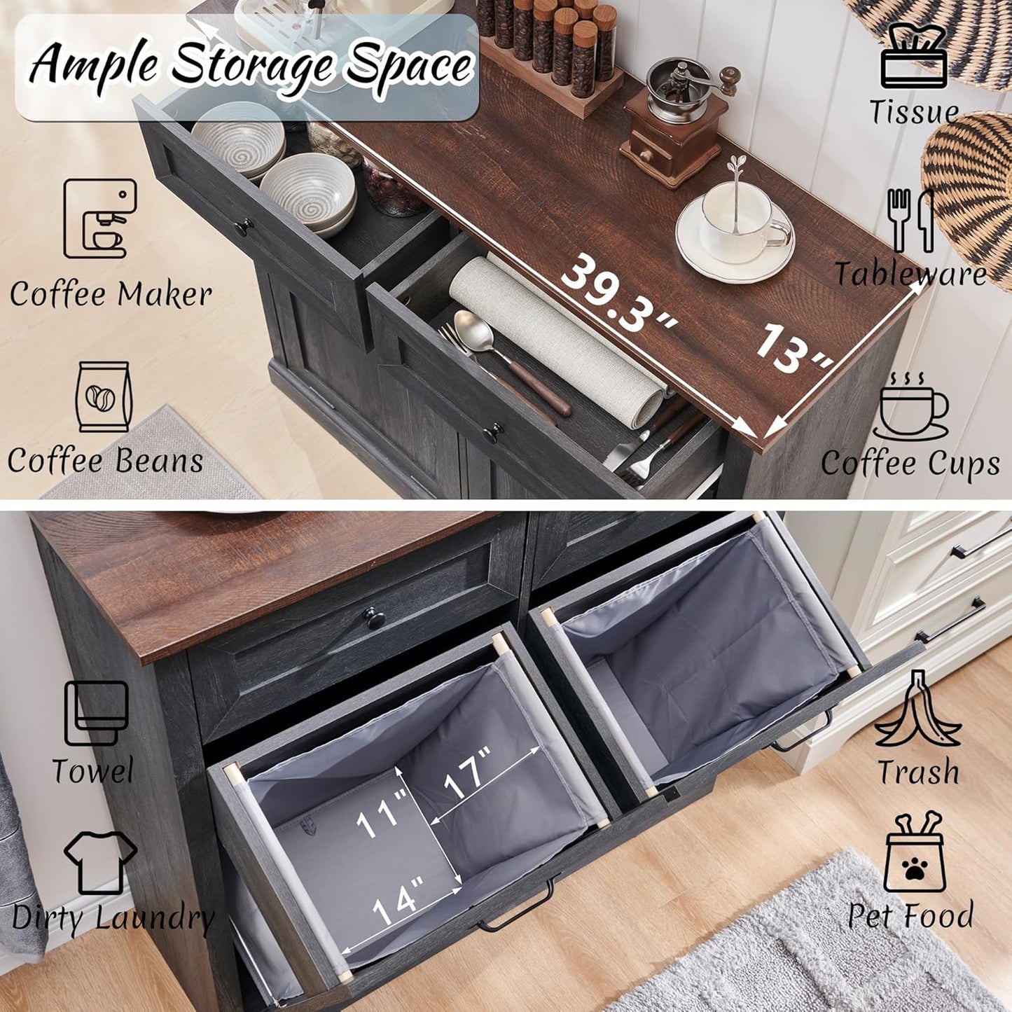 Double Tilt Out Laundry Hamper Cabinet, 20 Gallon Farmhouse Trash Can Cabinet with Drawer, Hidden Wood Garbage Can Bin Cabinet with Laundry Storage Basket for Bathroom, Kitchen, Dark Grey - NestledHome