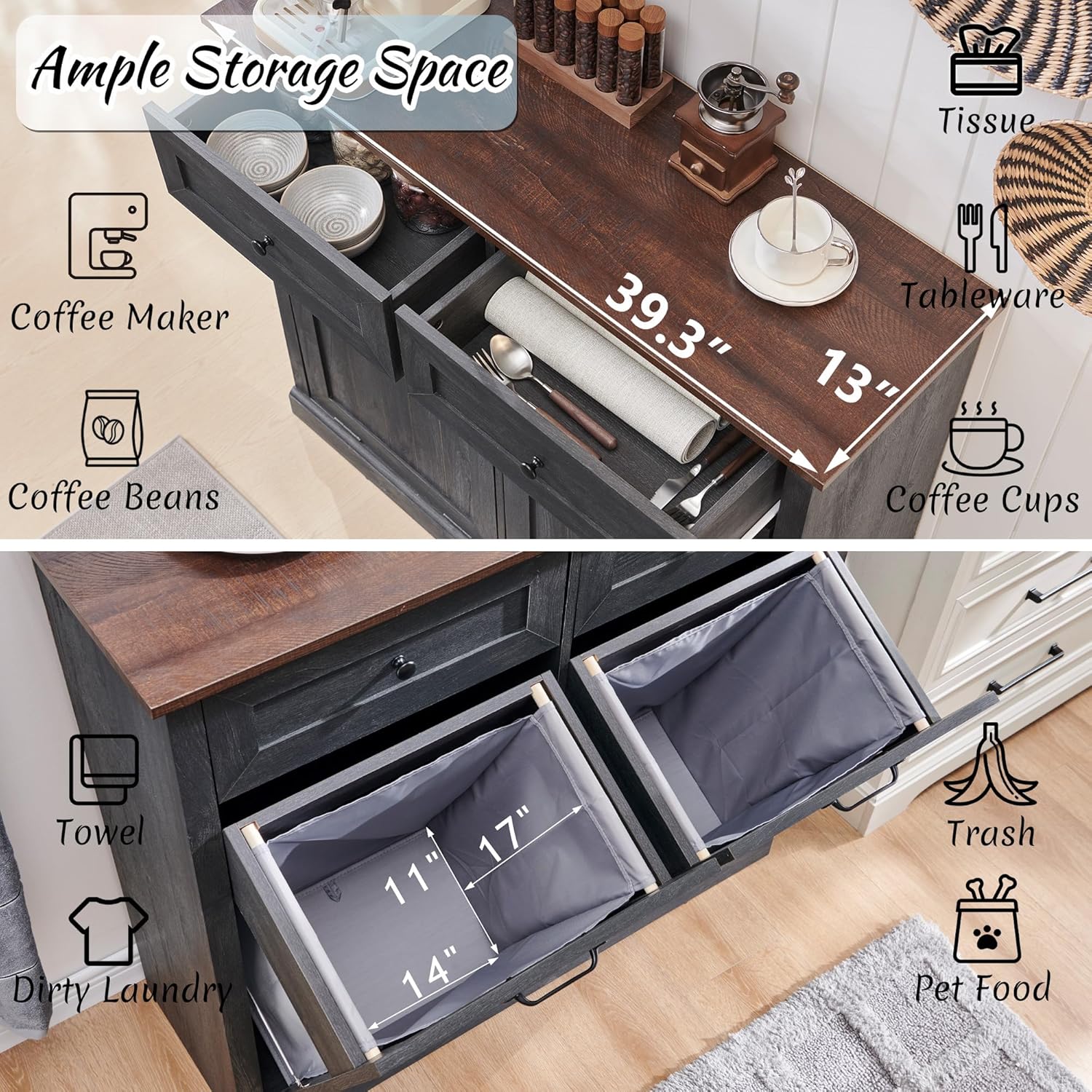 Double Tilt Out Laundry Hamper Cabinet, 20 Gallon Farmhouse Trash Can Cabinet with Drawer, Hidden Wood Garbage Can Bin Cabinet with Laundry Storage Basket for Bathroom, Kitchen, Dark Grey - NestledHome