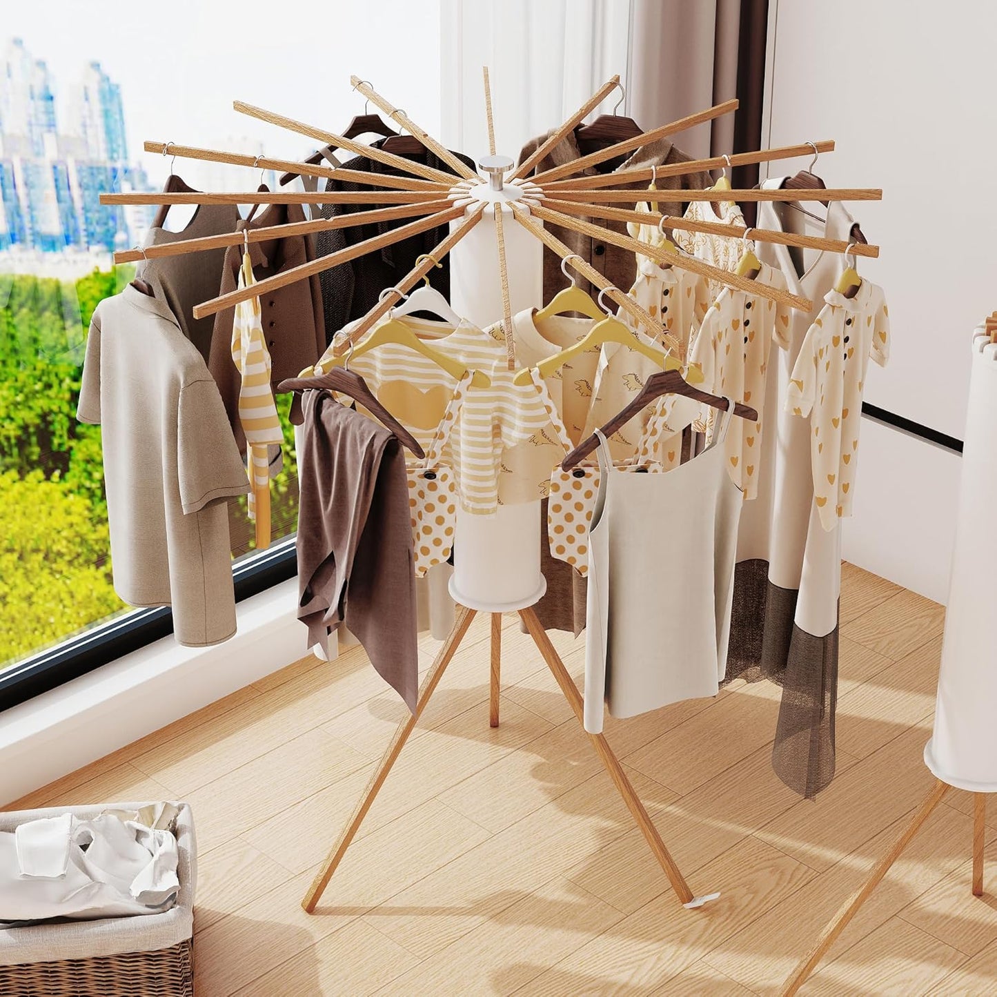 Clothes Drying Rack Tripod,Drying Rack Clothing,Laundry Drying Rack,Floor Standing,16 Wooden Poles,Collapsible Drying Racks for Laundry,Retractable,Foldable,Folding - NestledHome