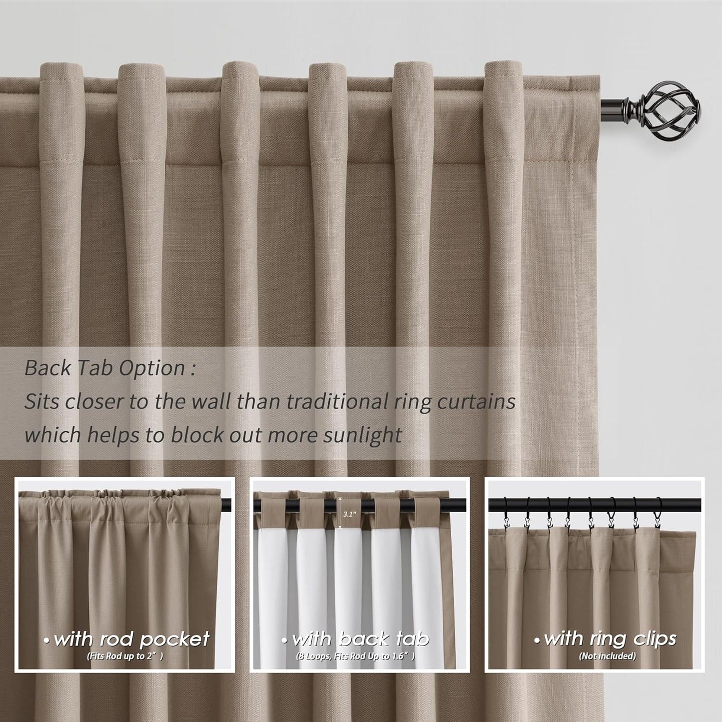 BOODII Full Blackout Curtains 90 Inches Long Room Darkening Curtain for Bedroom Sliding Door Thermal Insulated Black Out Curtains & Drapes Light Brown Neutral Linen 2 Panels Set Back Tab 52x90