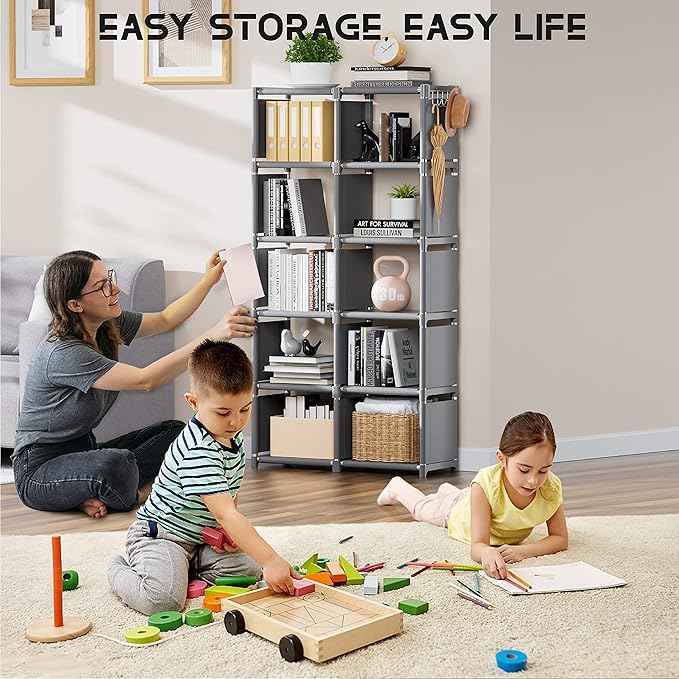 Mavivegue Book Shelf, 12 Cube Storage Organizer, DIY Bookcase, Metal Cube Bookshelf,Tall Book case for Bedroom, Living Room,Office,Closet Storage Organizer, Grey Cubicle Storage Rack