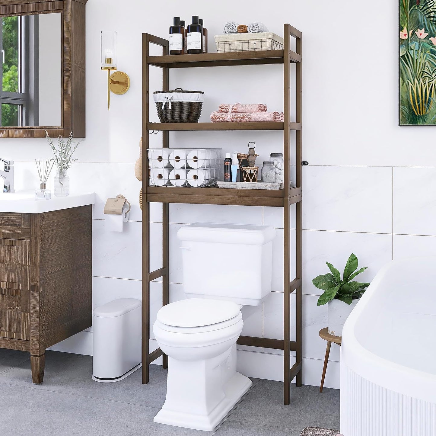 SMIBUY Bathroom Storage Shelf, Bamboo Over-The-Toilet Organizer Rack, Freestanding Toilet Space Saver with 3-Tier Adjustable Shelves (Walnut) - NestledHome