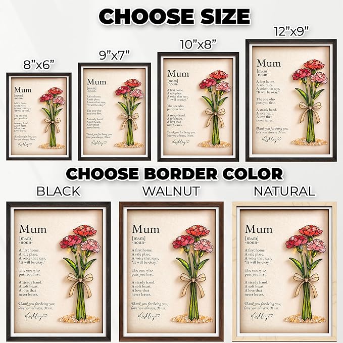 vinatimes Personalized Birthday Gift for Women, Mom Birth Flower Frame, Custom Mum Definition Art Craft Family Keepsake, Gifts for Mothers Day, Grandma, Nana, Nini Gifts, Decorative Sign for Home